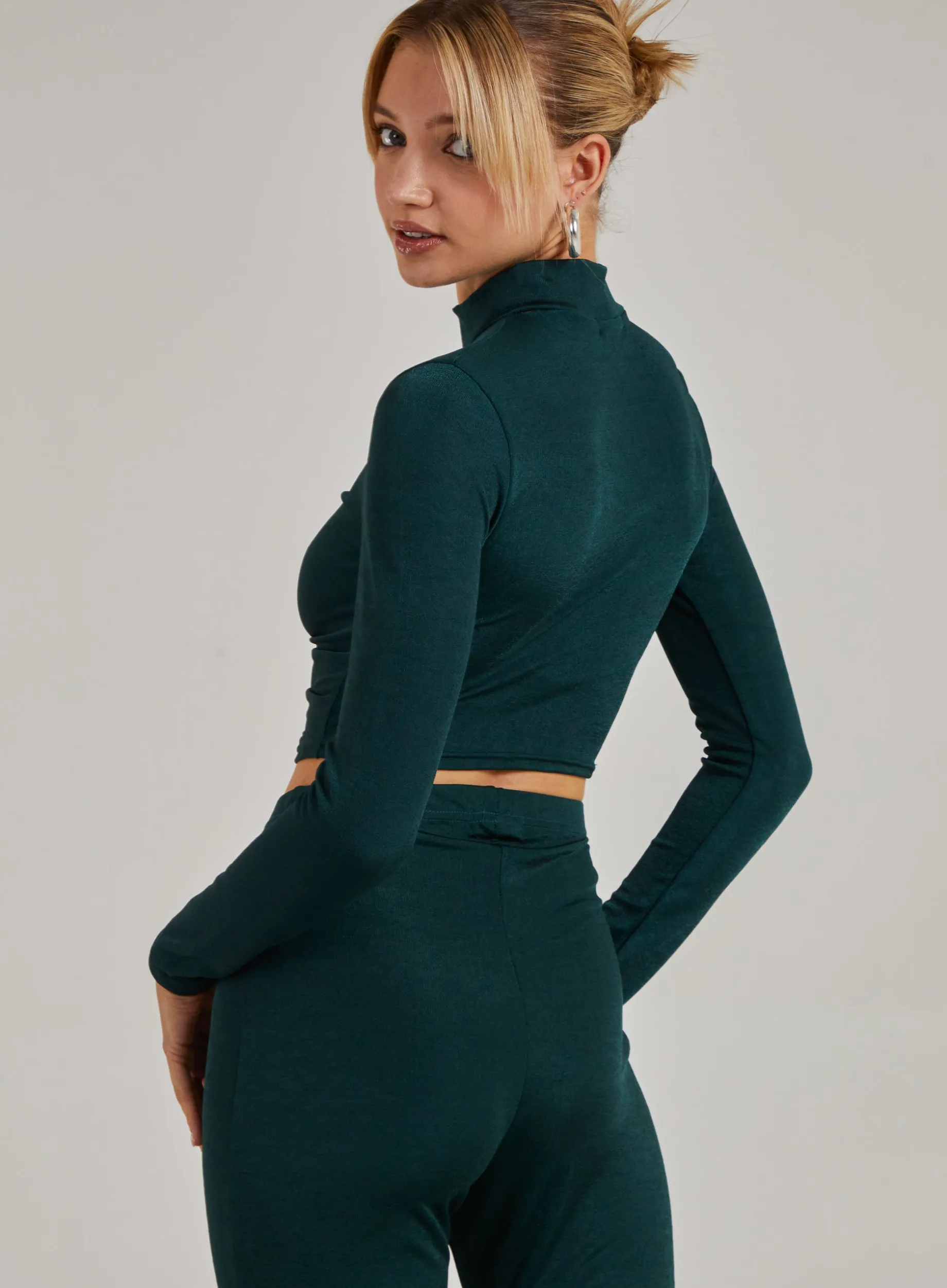 Shimmer Ruched Long Sleeve High Neck Top
