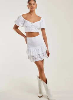 Shirred Broderie Ruffle Mini Skirt