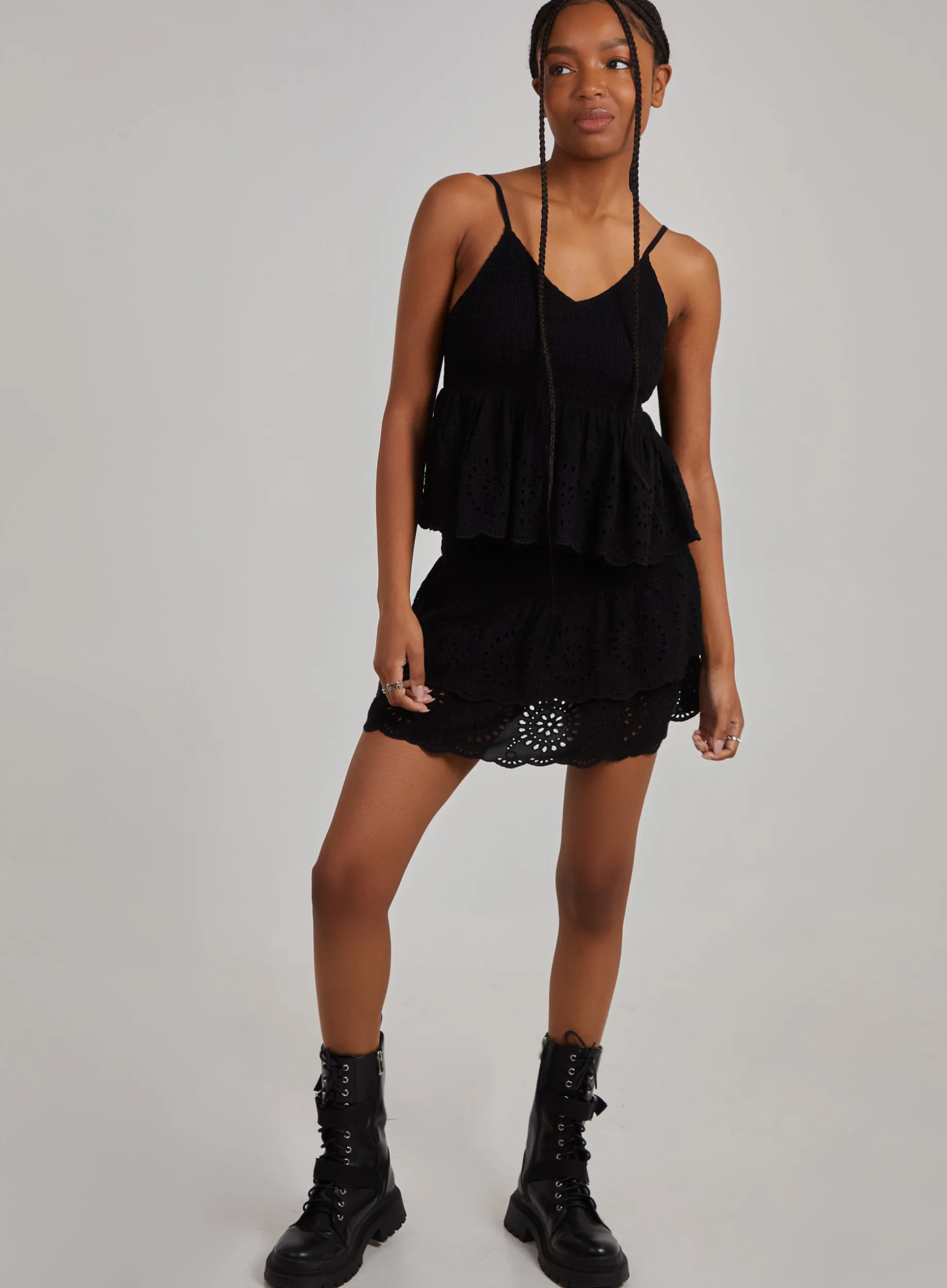 Shirred Broderie Ruffle Mini Skirt