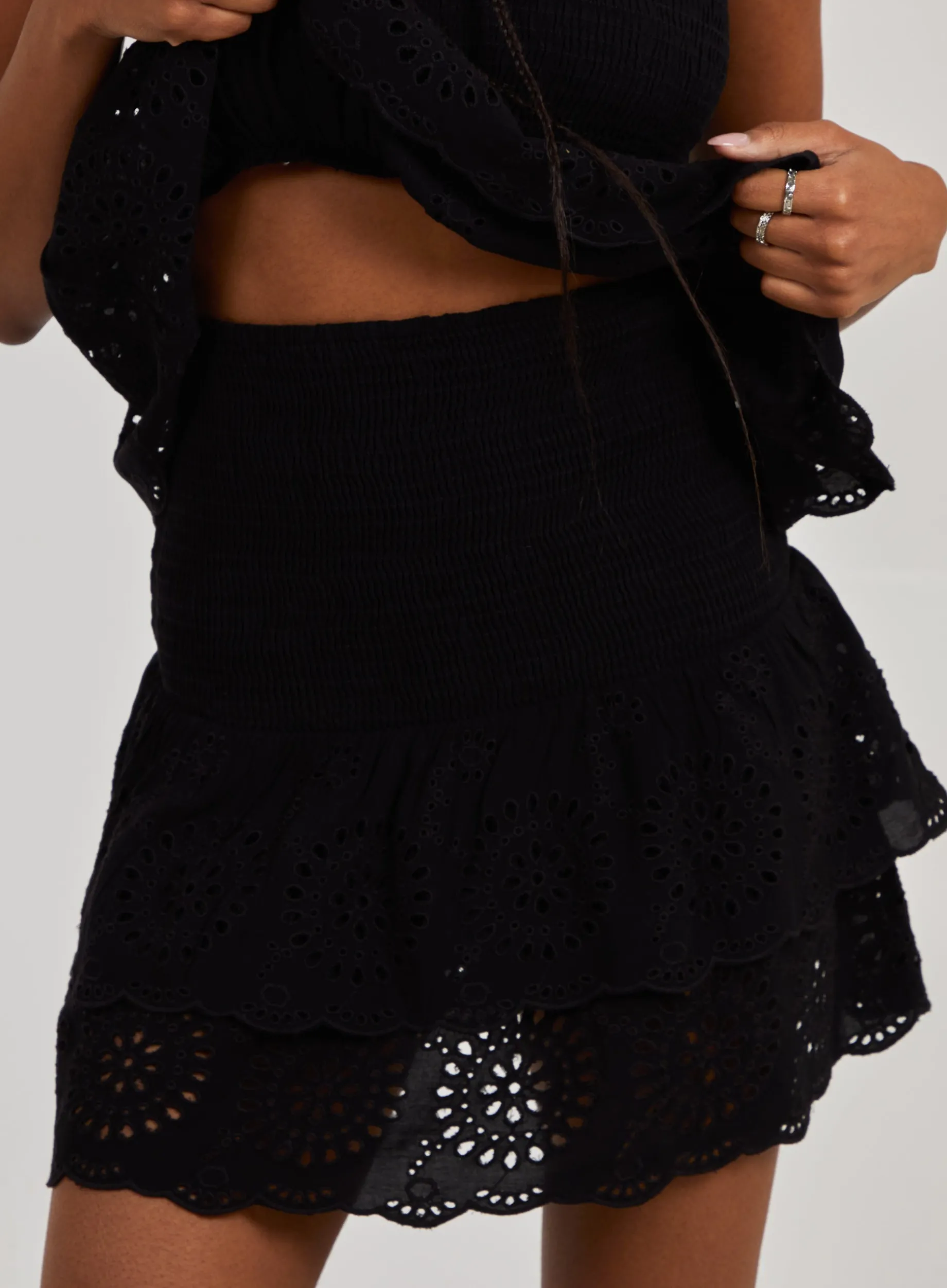 Shirred Broderie Ruffle Mini Skirt