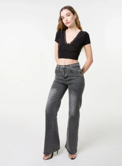 Slinky V Neck Top With Lace Trim