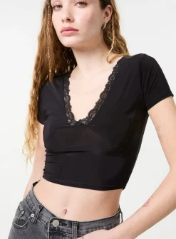 Slinky V Neck Top With Lace Trim