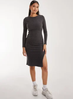 Soft Brushed Rib Long Sleeve Midi Dress