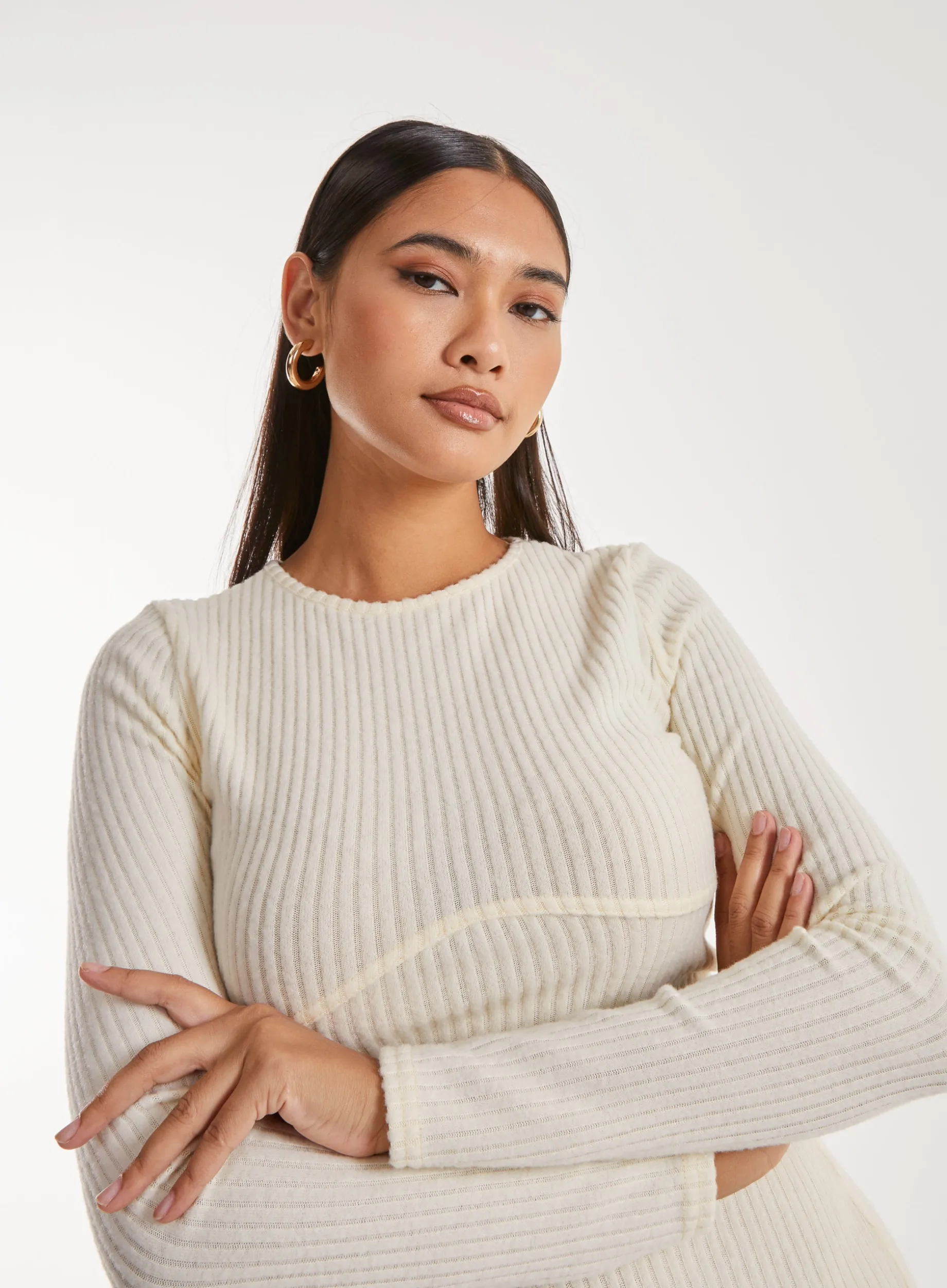 Soft Brushed Rib Long Sleeve Midi Dress