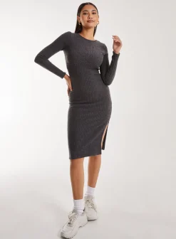Soft Brushed Rib Long Sleeve Midi Dress