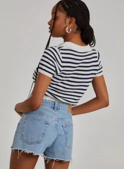 Striped Knitted Textured Polo Top