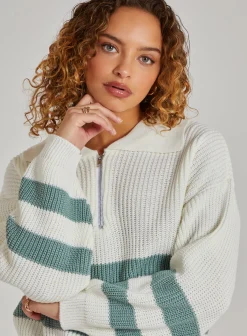 Striped Zip Up Knitted Jumper