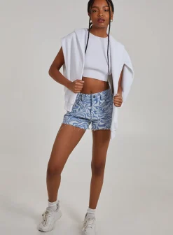 Swirl Print Denim Shorts