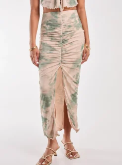 Tie Dye Ruched Split Maxi Skirt