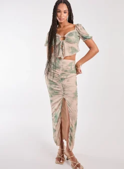 Tie Dye Ruched Split Maxi Skirt