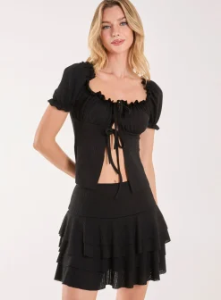 Tie Front Puff Sleeve Top