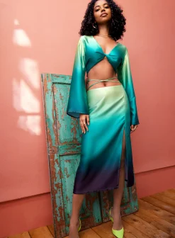 Tie Waist Ombre Split Hem Midi Skirt