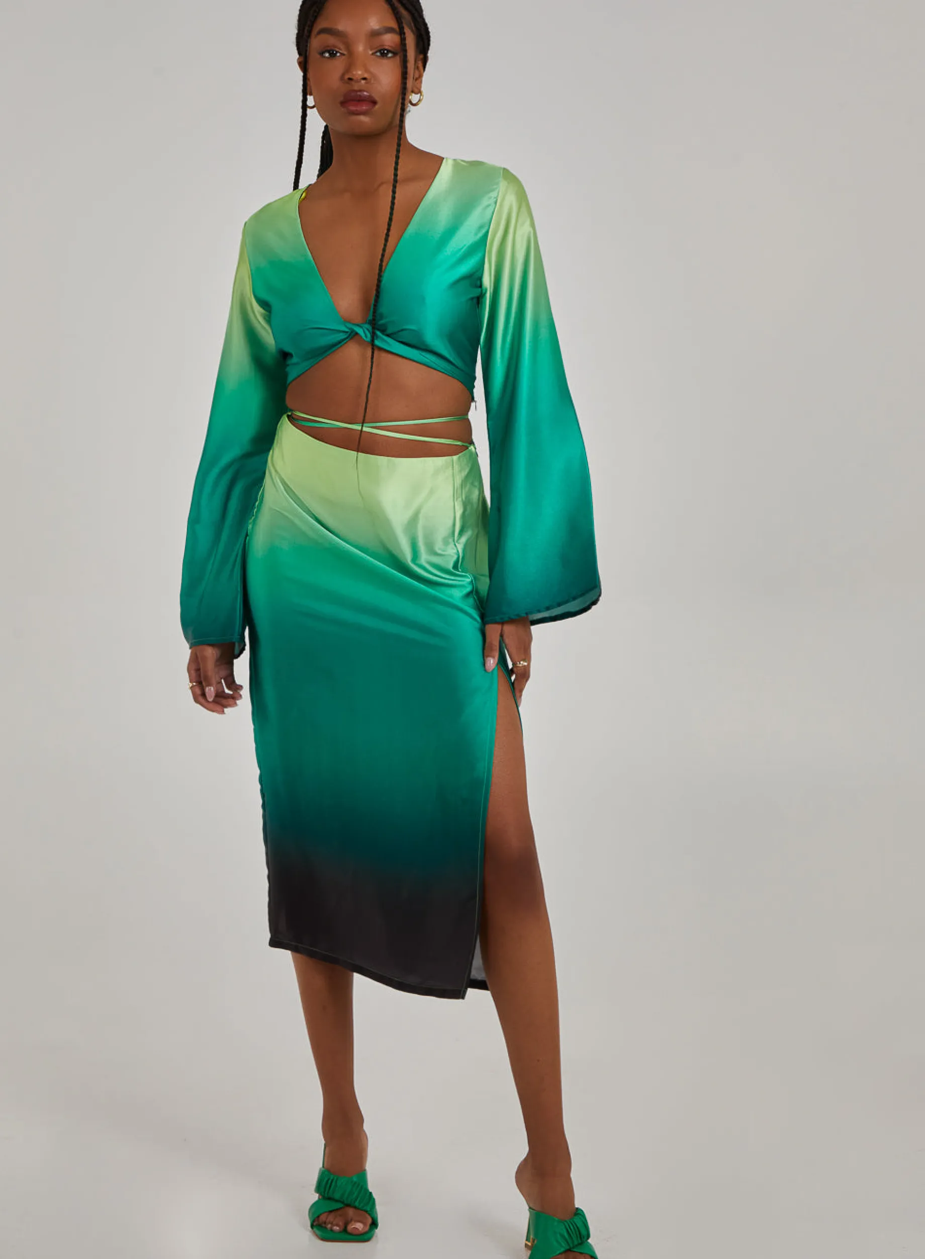 Tie Waist Ombre Split Hem Midi Skirt