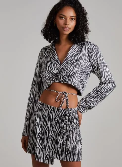 Tie Waist Satin Zebra Crop Top