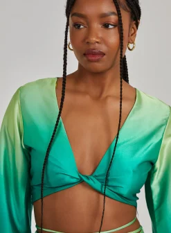 Twist Front Satin Long Sleeve Crop Top