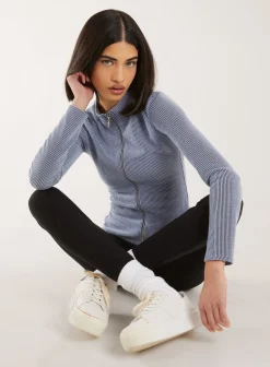 Two Tone Rib Double Zip Top