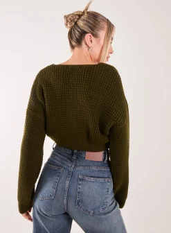 V Neck Cropped Knitted Cardigan