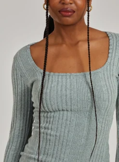 Wide Brushed Rib Long Sleeve Square Neck Dress
