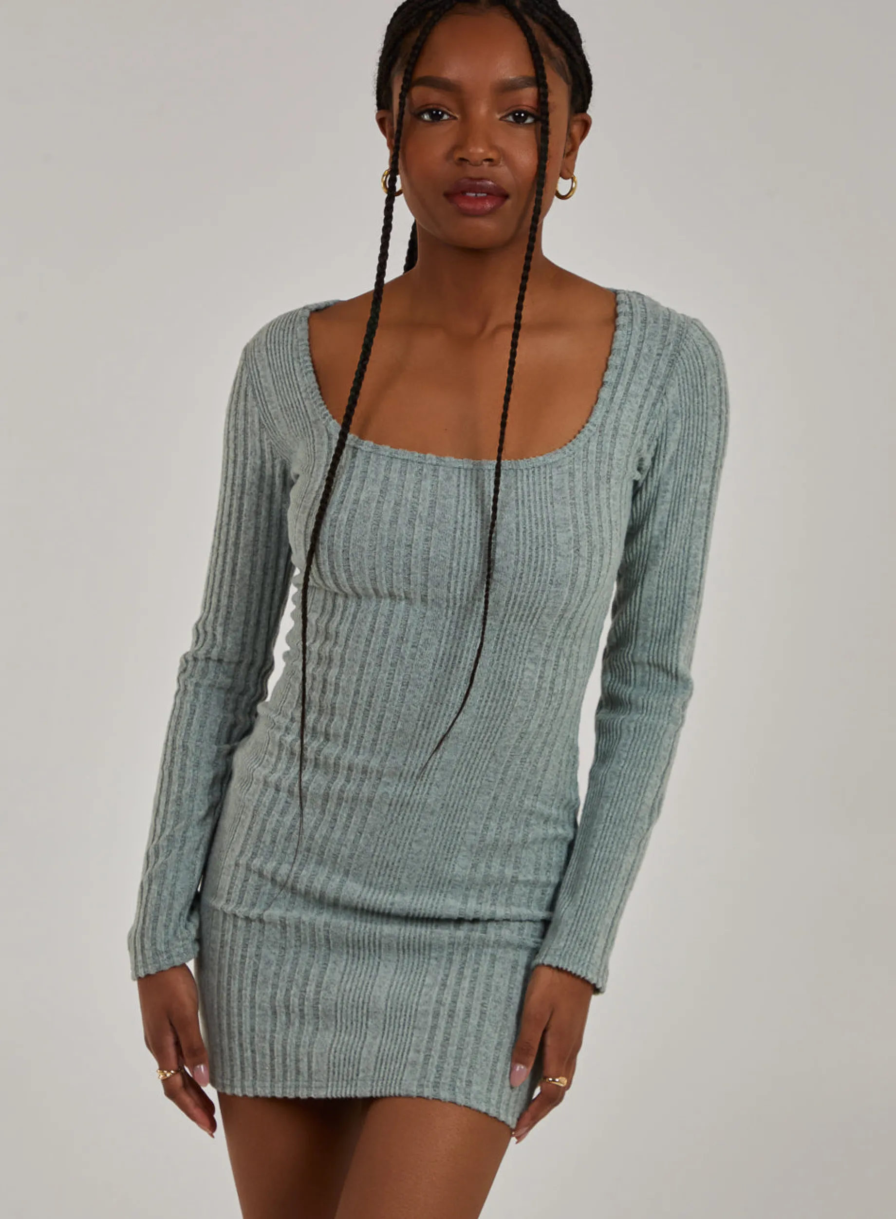 Wide Brushed Rib Long Sleeve Square Neck Dress
