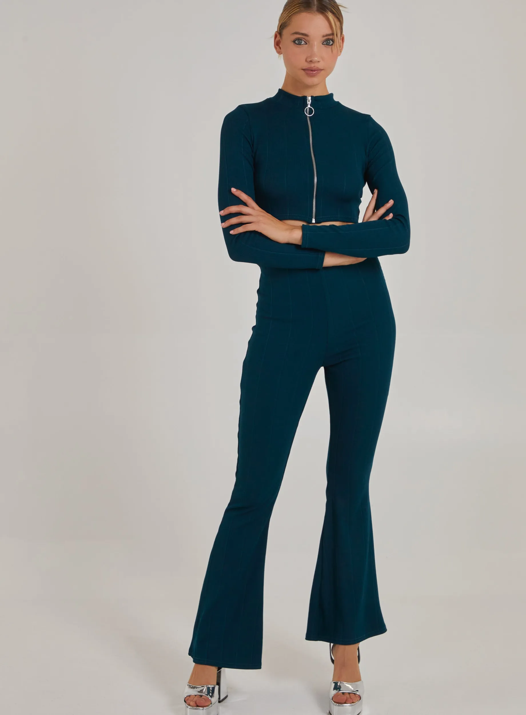 Wide Ribbed Flare Trousers