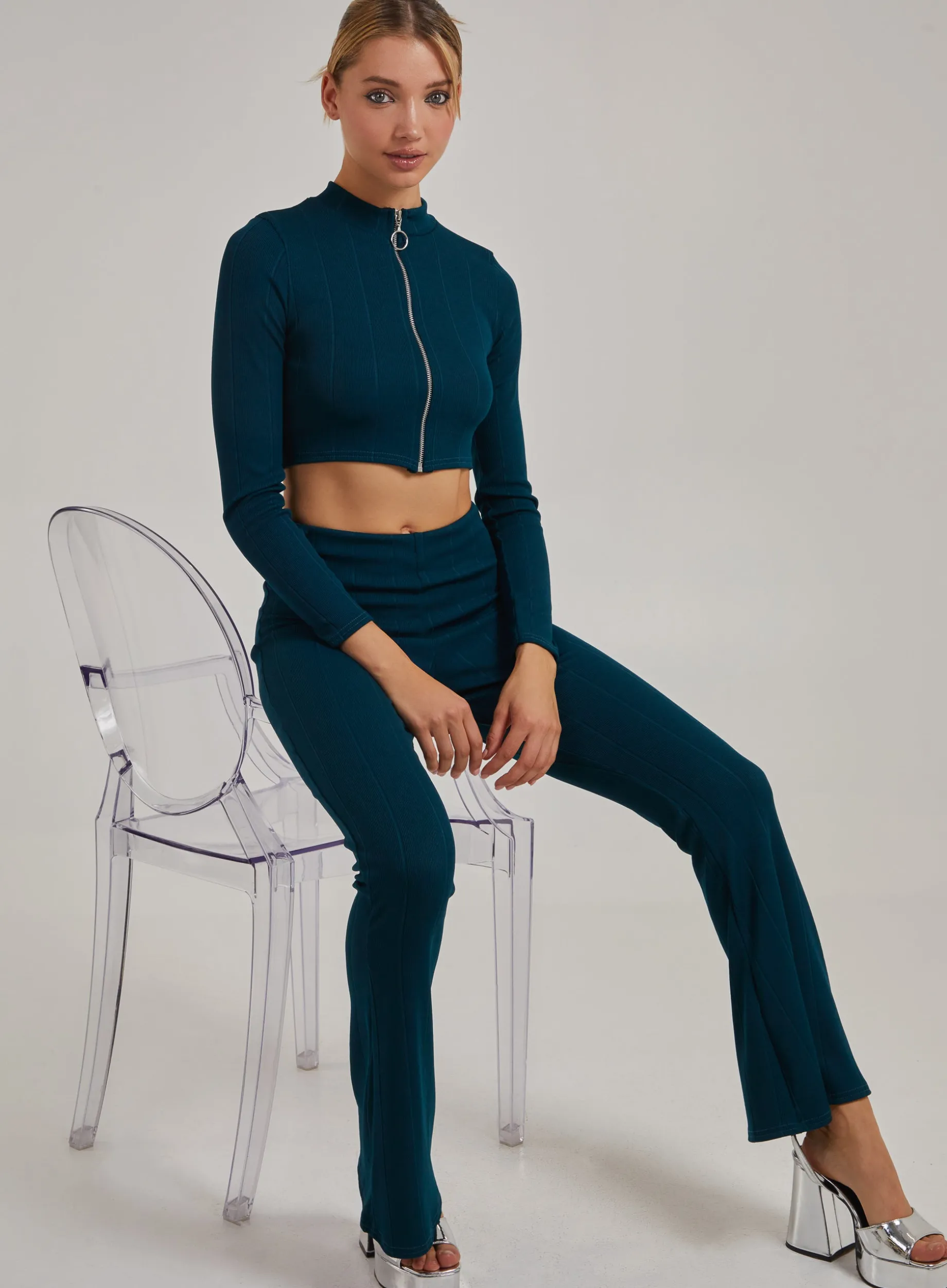 Wide Ribbed Flare Trousers