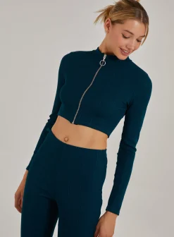 Wide Ribbed Zip Up Long Sleeve Top