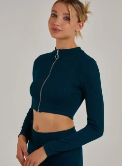 Wide Ribbed Zip Up Long Sleeve Top