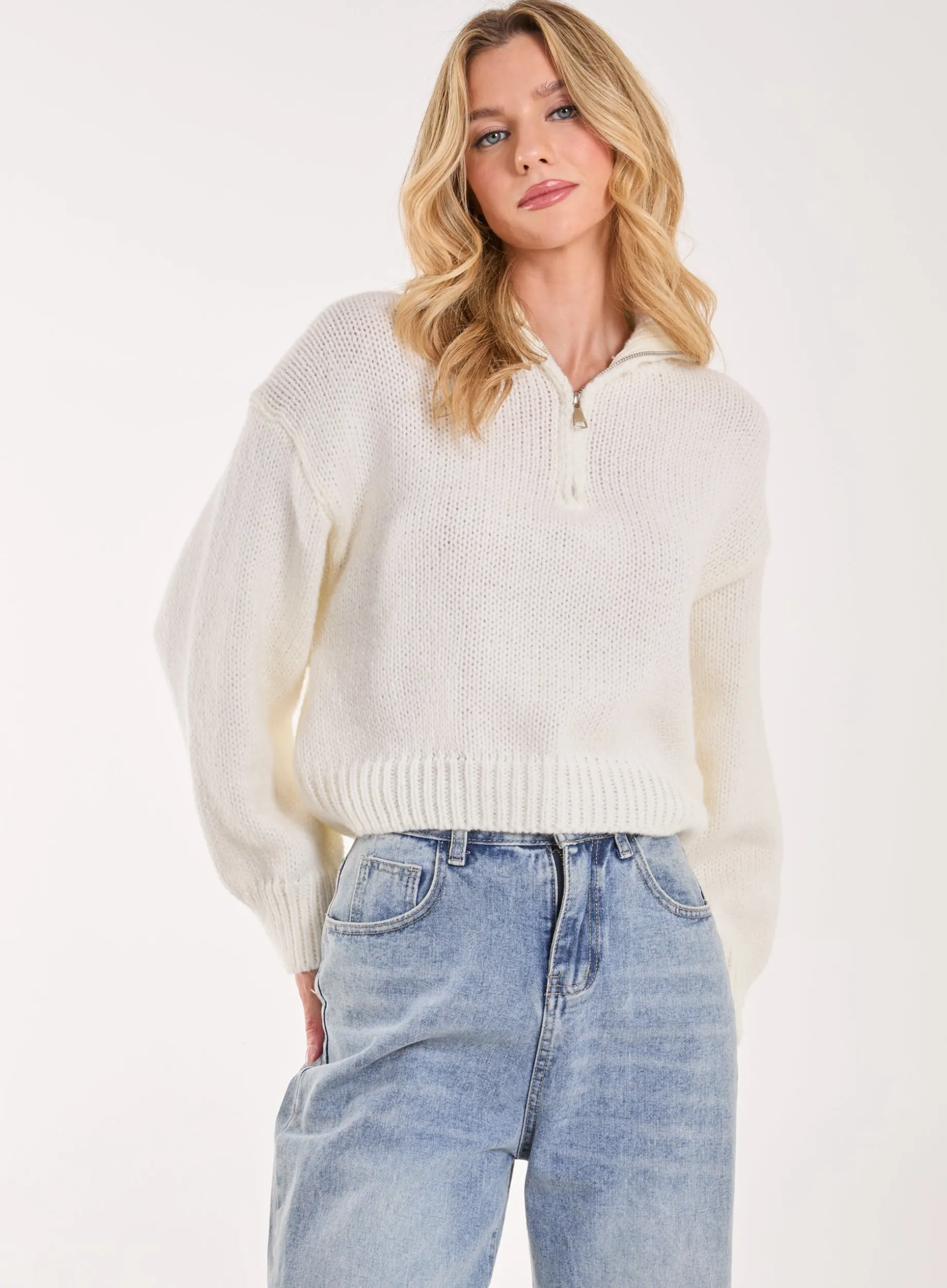 Zip Up Collar Knit Cropped Jumper
